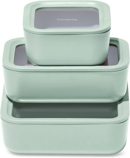 Caraway 13pc Glass Food Storage Container Set - Easy to Store, Non Toxic Lunch Box - with Glass Lids - Includes Storage Organizer - Mist