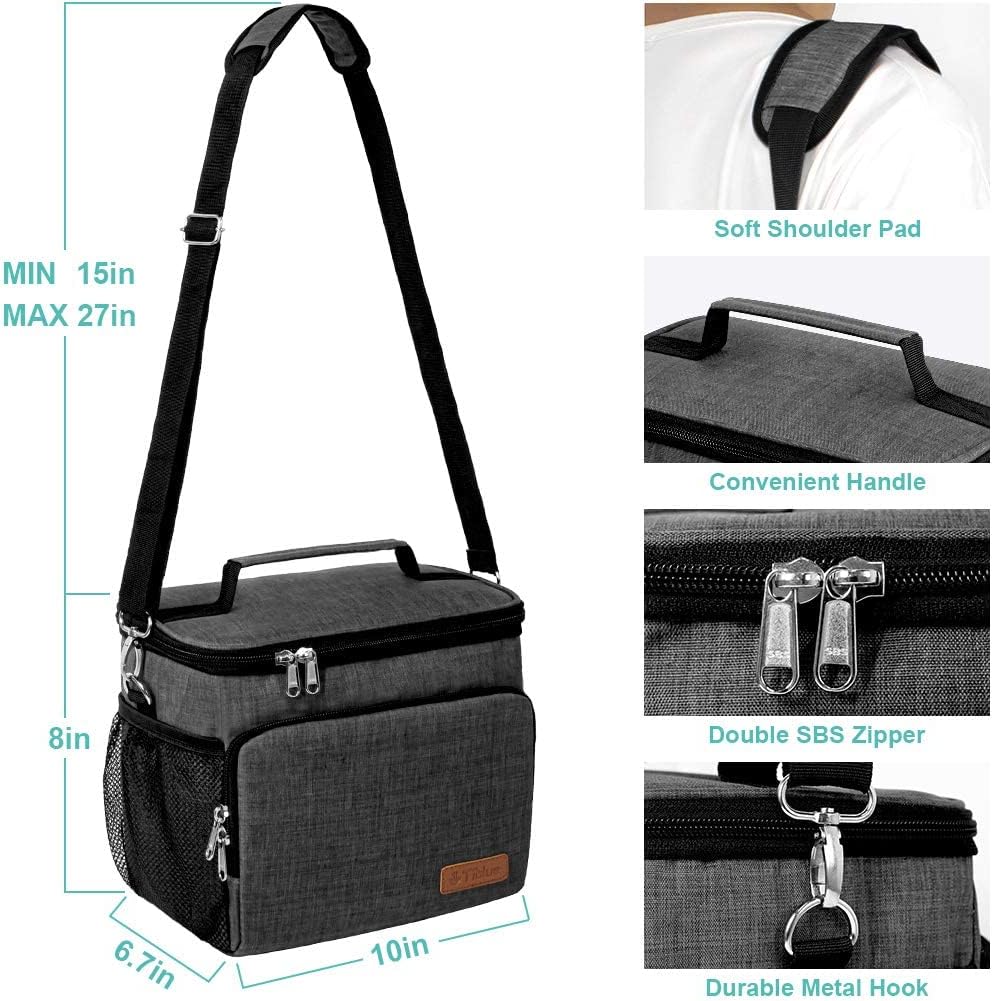 Tiblue Insulated Lunch Bag for Women/Men, Reusable Lunch Box for Office Work School Picnic,Leakproof Freezable Cooler Bag with Adjustable Shoulder Strap for Kid/Adult(Medium, Black & White Stripes)