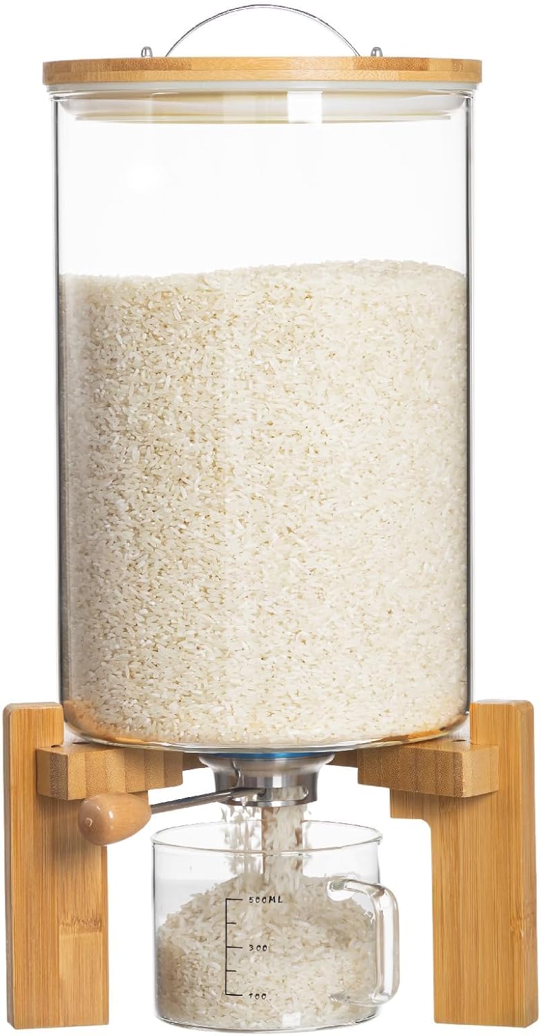HBlife 5-7 Lbs Glass Rice Dispenser with Wooden Stand Flour and Cereal Container with Glass Measuring Cup Pantry Food Organization Storage Bin with Airtight Bamboo Lid, 3L