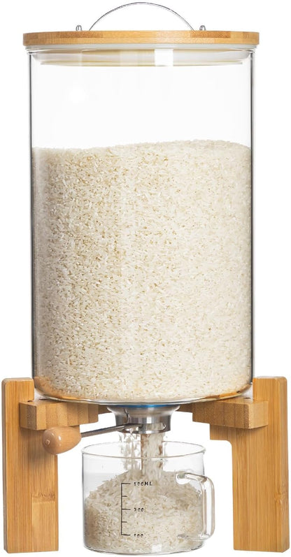 HBlife 5-7 Lbs Glass Rice Dispenser with Wooden Stand Flour and Cereal Container with Glass Measuring Cup Pantry Food Organization Storage Bin with Airtight Bamboo Lid, 3L