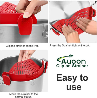 AUOON Clip On Strainer Silicone for All Pots and Pans, Pasta Strainer Clip on Food Strainer for Meat Vegetables Fruit Silicone Kitchen Colander