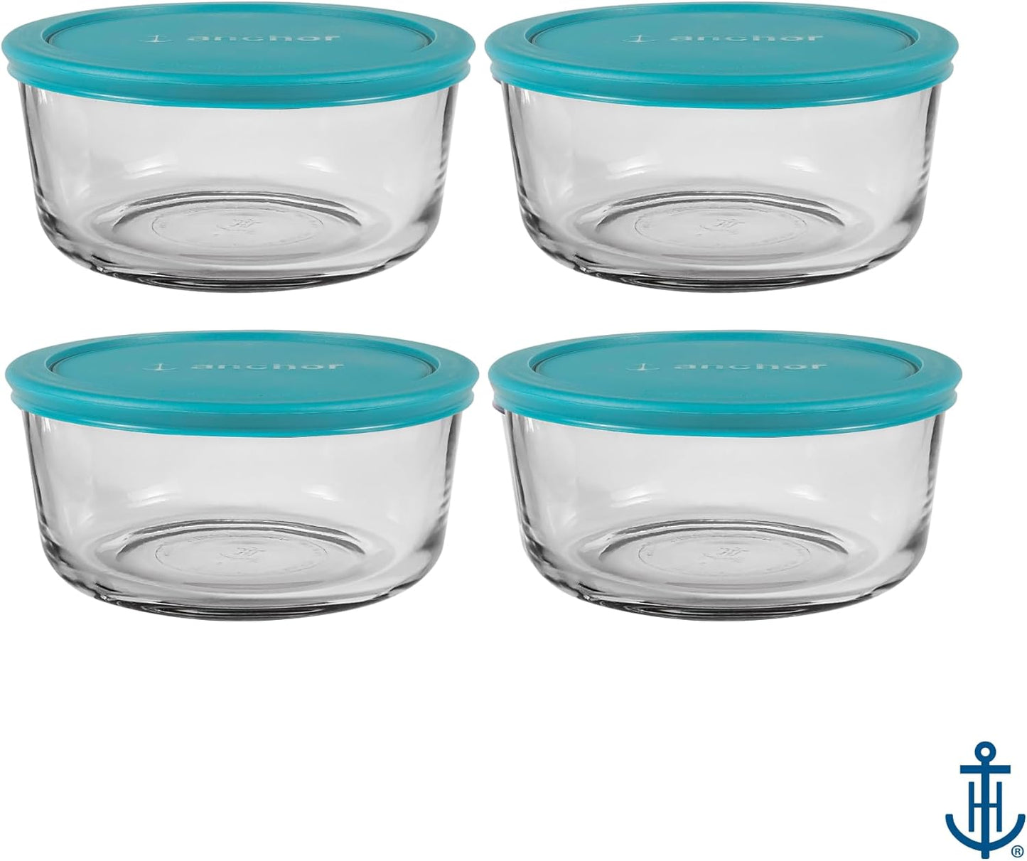 Anchor Hocking 2 Cup Glass Storage Containers with Lids, Set of 4 Glass Food Storage Containers with Mint SnugFit Lids