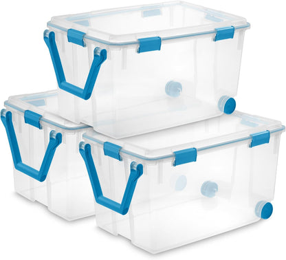 Sterilite 80 Qt Gasket Box, Stackable Storage Bin with Latching Lid and Tight Seal, Plastic Container to Organize Basement, Clear Base and Lid, 1-Pack