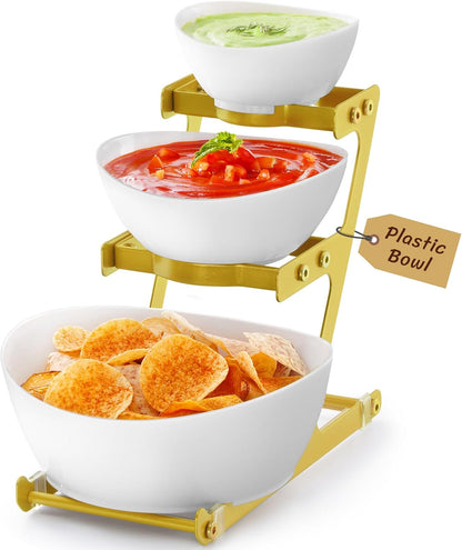 Lifewit 3 Tier Plastic Serving Bowls with Black Metal Stand, Chips and Dip Serving Tray Set for Entertaining Party, Crack-Proof Serving Platters for Fruit/Snack/Candy, 31 x 20 x 27 cm/12 x 8 x 10.6
