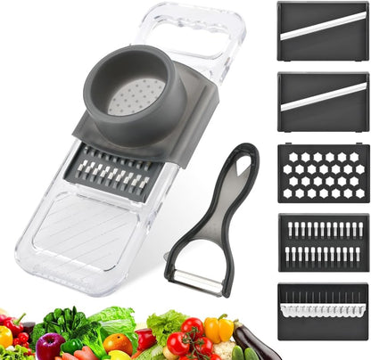 Multifunctional Mandoline Slicer with 6 Interchangeable Blades, Handheld Food Slicer with Safety Guard, Adjustable Stainless Steel Blade for Vegetable, Potato, Tomato, Onion