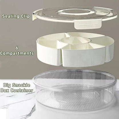 Divided Serving Tray with Lid and Handle,6 Compartments Portable Divided Snackle Box Container,Round Portable Snack Tray Veggie Tray with Lid,Clear Lazy Susan Snack Box for Fruit,Veggie,Candy,Nuts