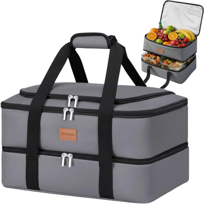 Insulated Casserole Carrier, Double Decker Food Carriers for Hot or Cold Food, Portable Leakproof Thermal Bag for Travel/Potluck Parties/Picnic/Cookouts (Red)