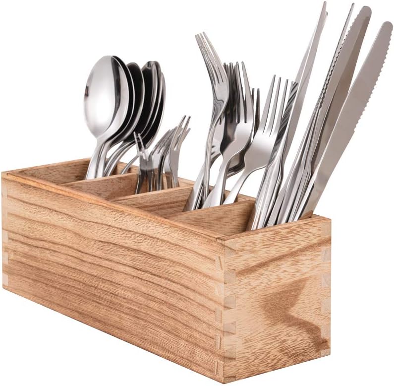 WuGeShop Wood Cutlery Caddy, Kitchen Utensil Organizer with 4 Compartments, Silverware Storage Kitchen Countertop Flatware Organizer