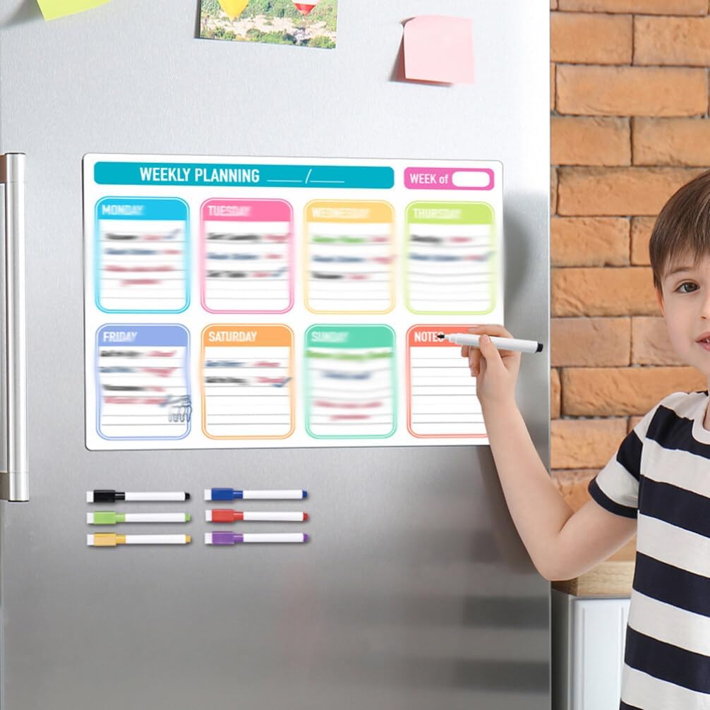 NUOBESTY 1set Magnetic Dry Erase Weekly Meal Planner Board Reusable Fridge Calendar for Easy Organization Includes Cups Towel for Home Office Use