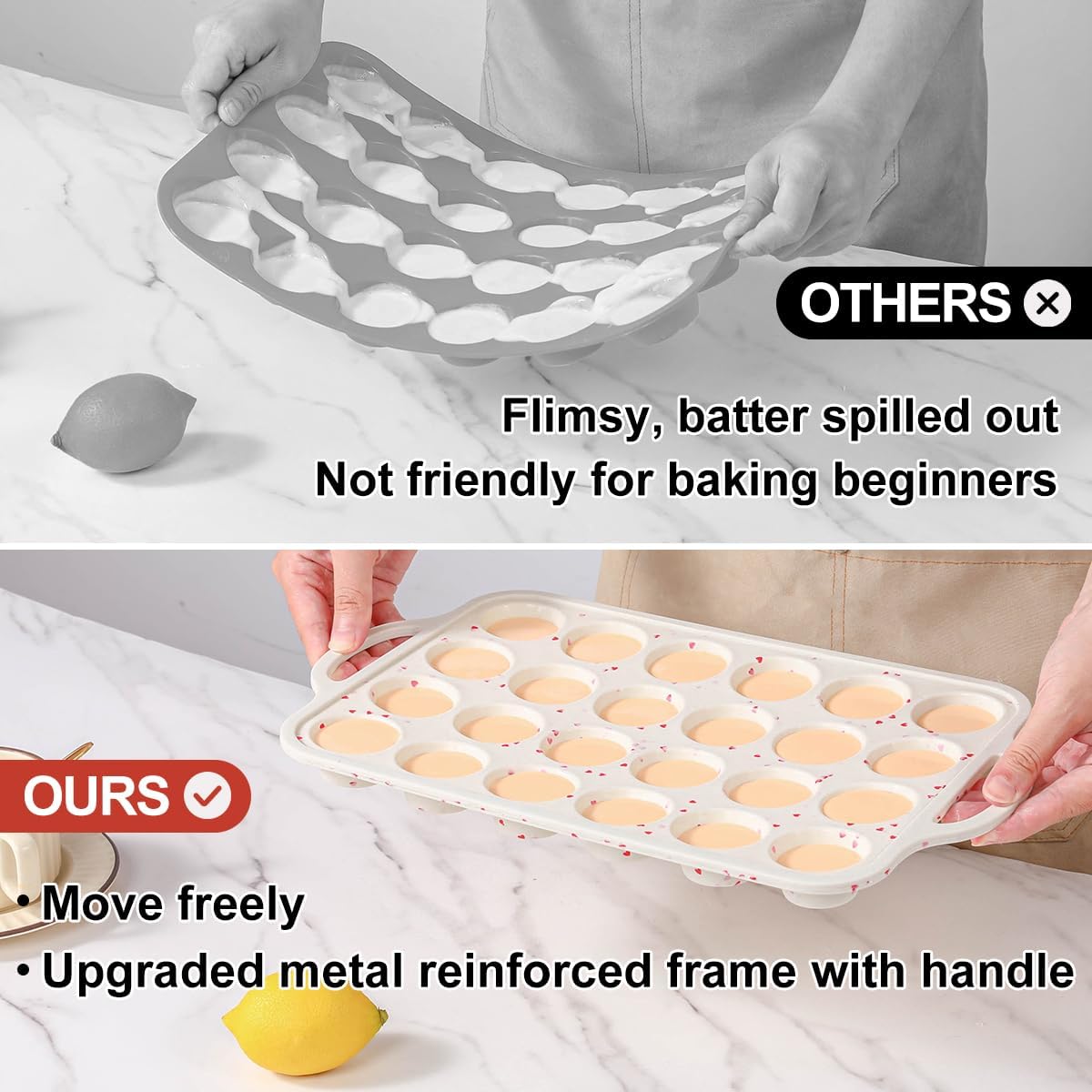 CAKETIME Mini Muffin Pan, Metal Reinforced Frame Mini Cupcake Pans 24 Cups Nonstick Muffin Silicone Molds with Handle for Baking Muffins, Cupcakes, Egg Bites 2 Pack