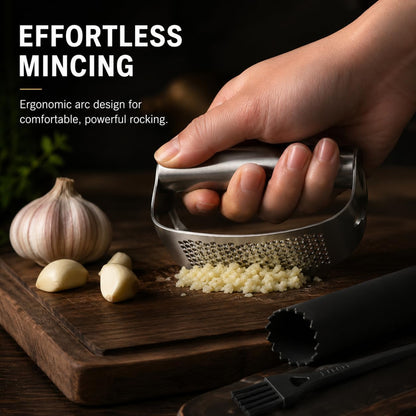 Garlic Press Rocker Set, Stainless Steel Mincer with Peeler & Brush