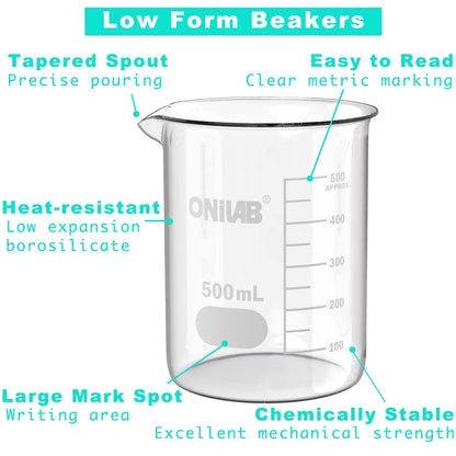 ONiLAB Glass Measuring Beaker Set 50ml 100ml 250ml (Pack of 3) 3.3 Boro Griffin Low Form with Printed Graduation Scientific Glassware for Laboratories, Classrooms or Home Use 13900244