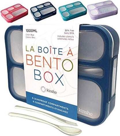 kinsho Bento Lunch-Box Set for Kids includes Snack Container | 6 and 3 Compartment Boxes Leakproof School Bentos, Meal Portion Control Containers, Boys Girls Adults, Navy Blue Large + MINI 2 Pack Set