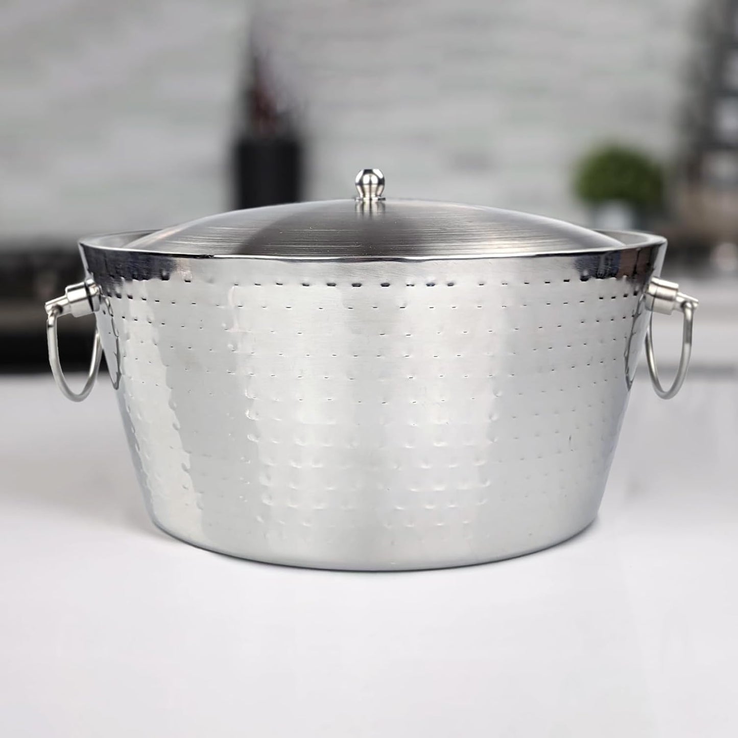 Insulated Stainless Steel Large Ice Bucket with Lid for Parties, Anchored Metal Ice & Beverage , Champagne Bucket for Extended Chill - 12-Quarts