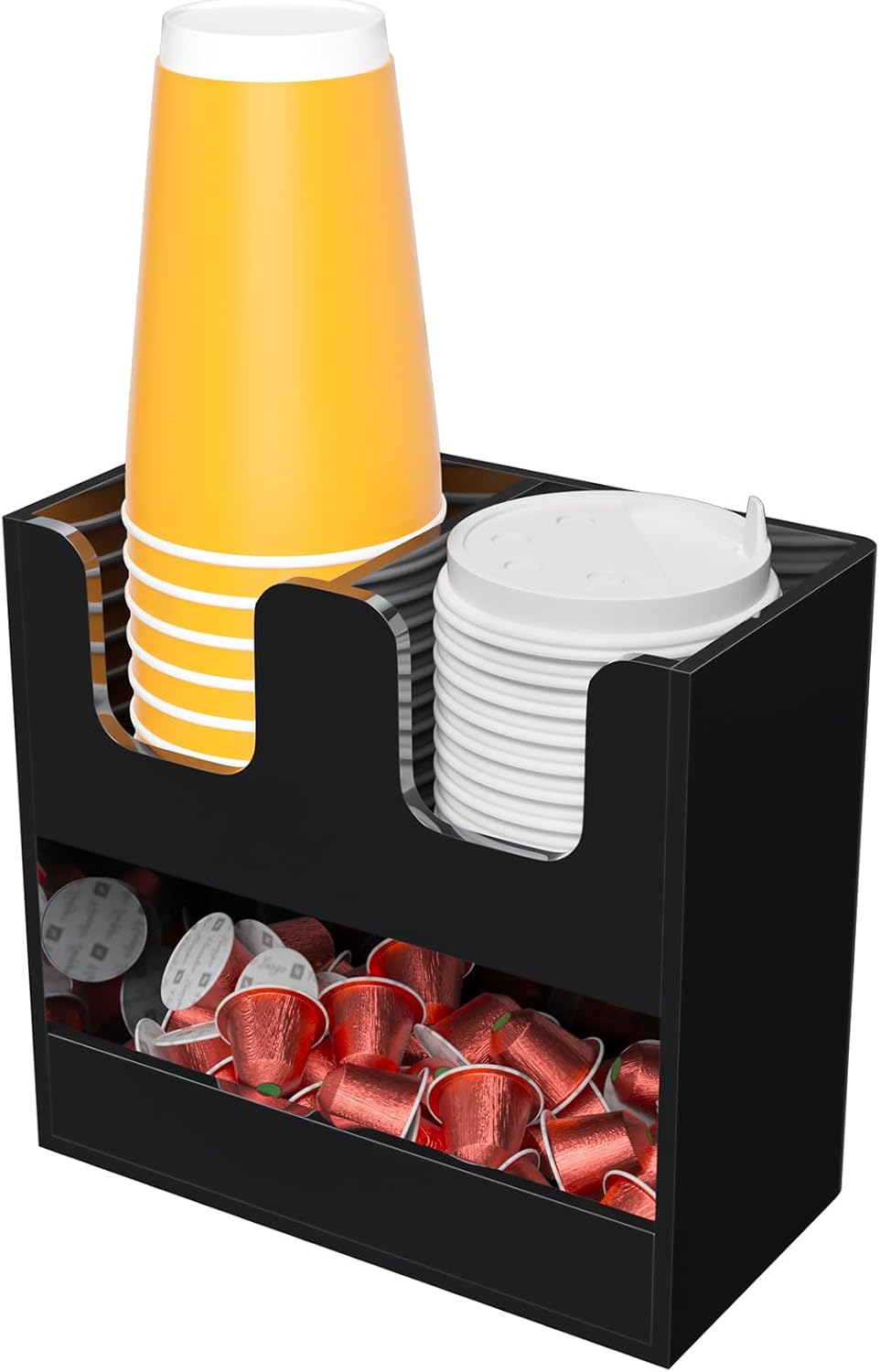 Beego 2-Compartment Cup Holder for Countertop - 2-Tier Clear Acrylic Cup Dispenser Coffee Station Paper Cup and Lid Organizer Condiment Storage for Restaurant Breakroom Kitchen Bar Accessories
