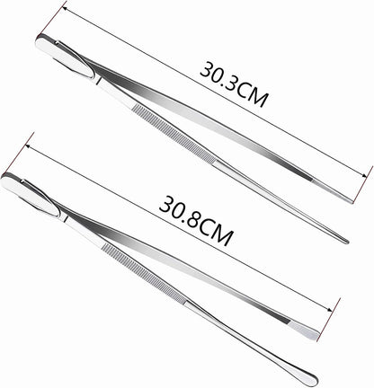 2-Pack 12-Inch BBQ Kitchen Tweezers Tongs, Extra-Long Stainless Steel Cooking Tweezers Dishwasher Safe for Grilling, Baking & Food Prep (12Inch BBQ Tongs)