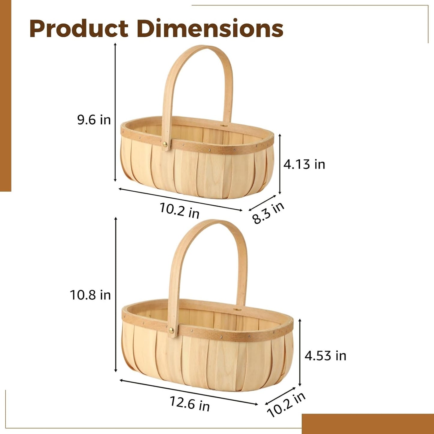 2 Pcs Handwoven Baskets, Sturdy Wooden Fruit Baskets with Comfortable Handles, Decorative & Storage Baskets, Rustic Bushel Baskets for Eggs, Vegetables, Picnic, Beige