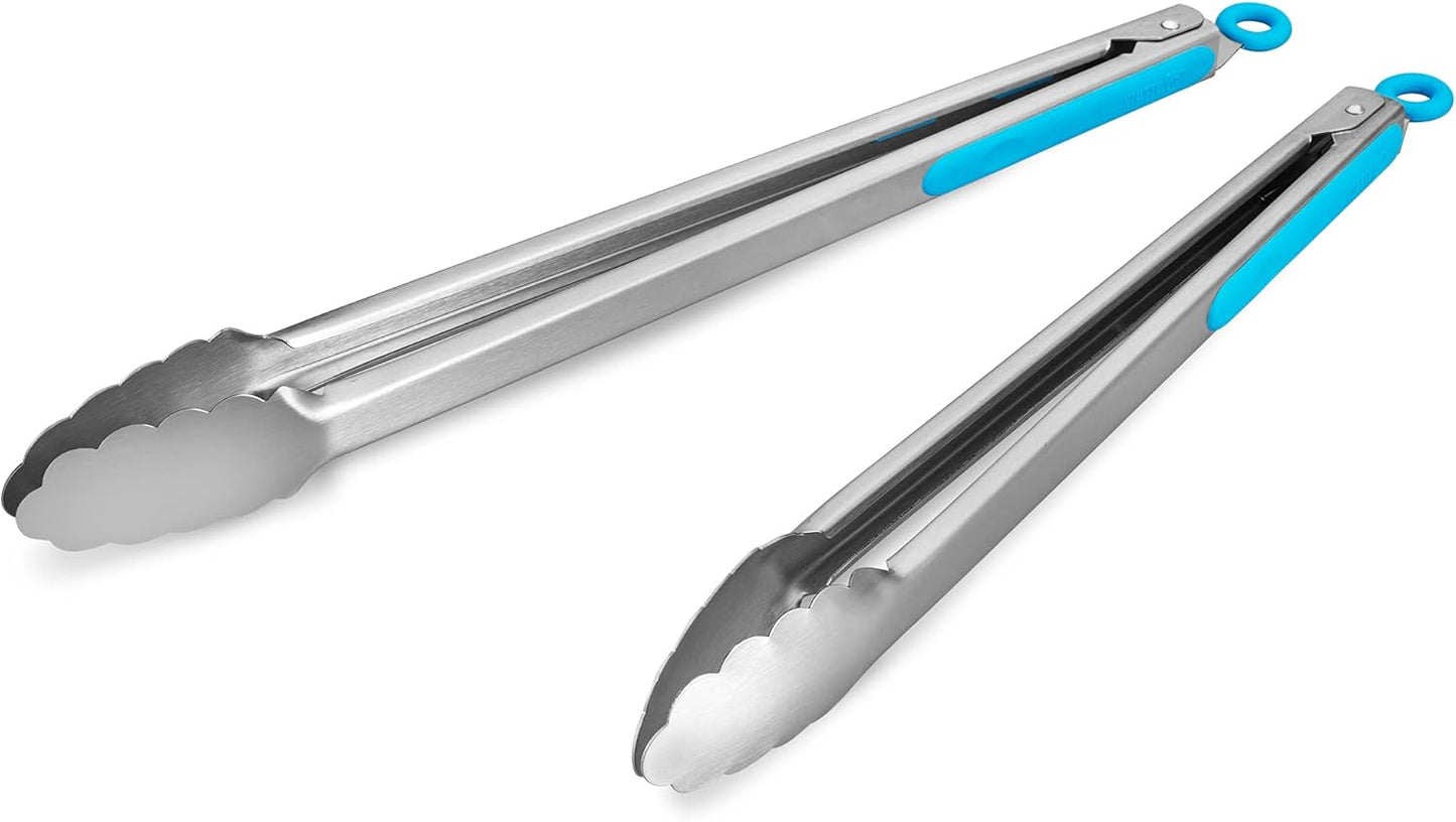304 Stainless Steel Kitchen Cooking Tongs, 9" and 12" Set of 2 Sturdy Grilling Barbeque Brushed Locking Food Tongs with Ergonomic Grip, Black