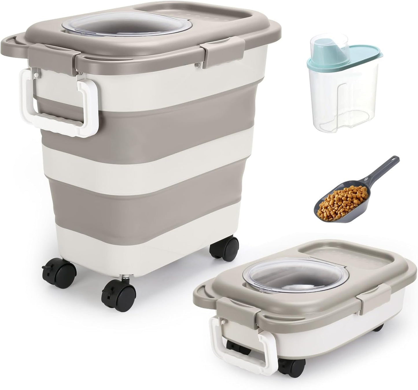 Beyoung 25-28lbs Airtight Dog Food Storage Containers with Wheels and Lids, Collapsible Pet Food Storage Bins with Handle, 50lb Rice Storage Bucket with Scoop, Dry Food Storage Bins (Khaki)