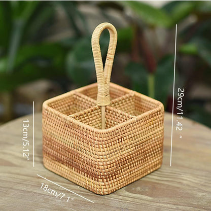 i-lan Set of 2 Rattan Utensil Caddy with Handle (7 Inch) - 4-Section Woven Wicker Silverware Holder for Tea Bags & Condiments, Boho Divided Organizer Basket for Kitchen Countertop, Party & Picnic