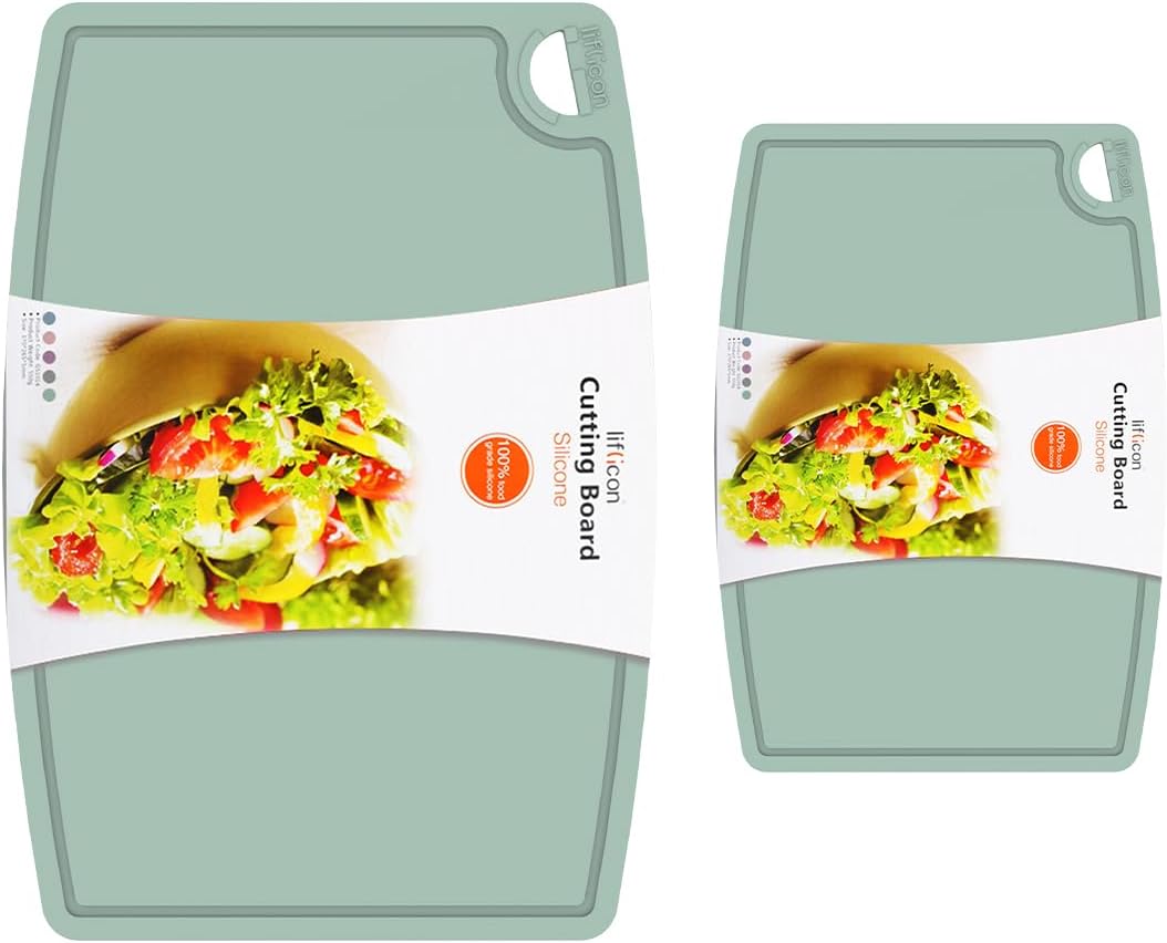 Liflicon Silicone Thick Cutting Boards Mats Set of 3 Foldable & Flexible Design Juice Grooves Easy Grip Handle Dishwasher Safe for Kitchen,BPA free Silicone Cutting Board-Gray