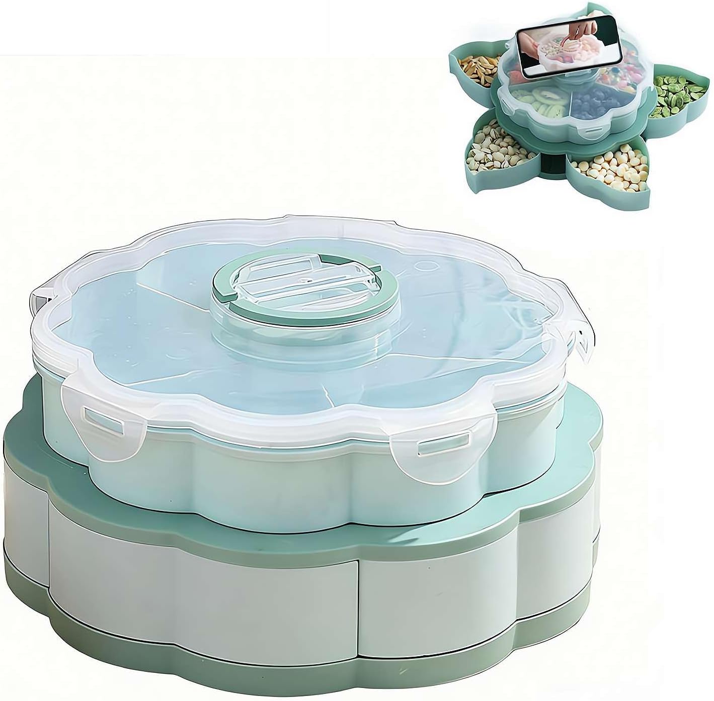 Divided Serving Tray that Spins, Snackle Box Container for Fruits Candy Organizer, Rotating Snack Box Container with Lid, Lazy Spinner Organizer Veggie Fruit Tray for Kitchen, Party and Picnic