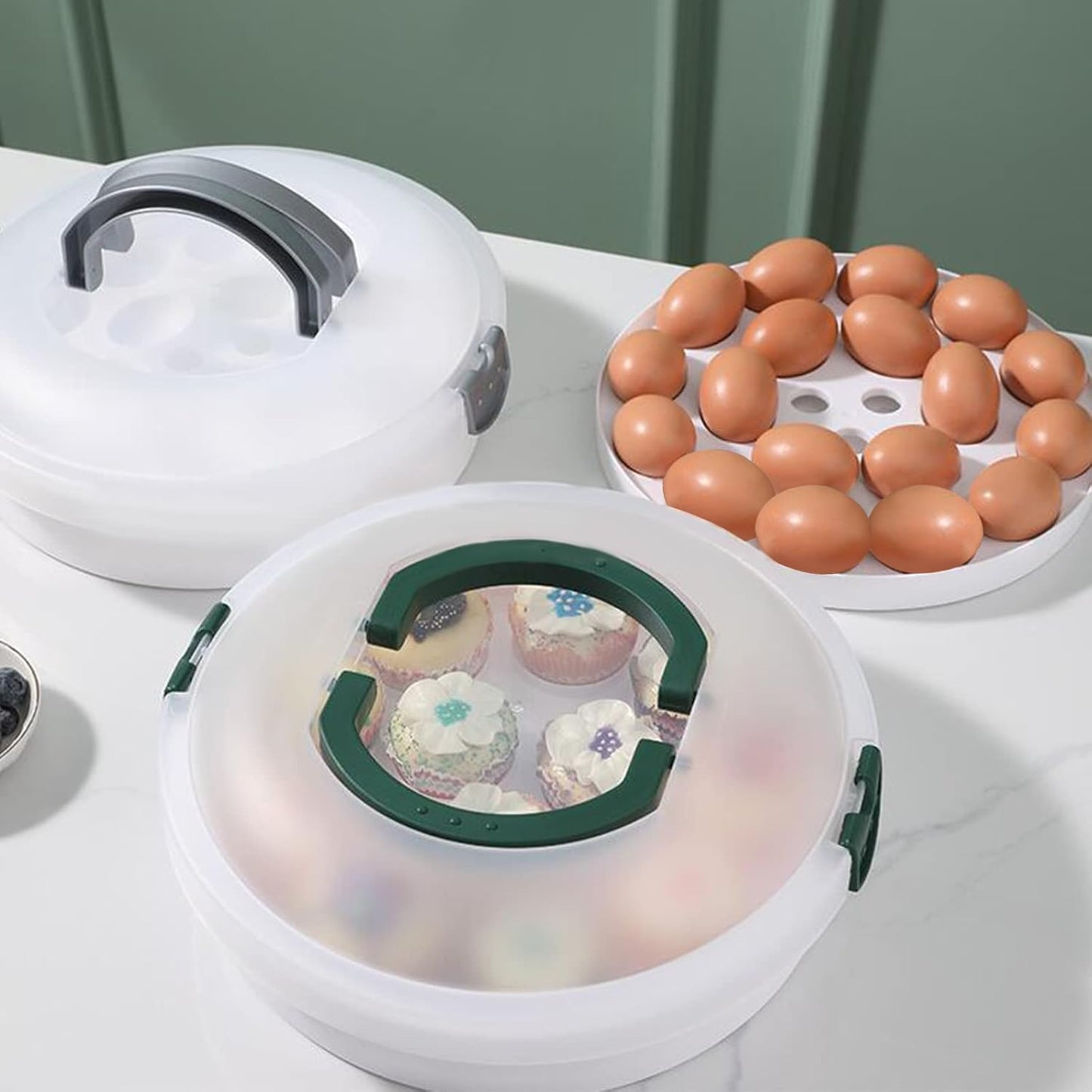 10 Inch Portable Pie Carrier with Lid and Tray 3-In-1 Round Cupcake Container Egg Holder Muffin Tart Cookie Keeper Food for Halloween(Green)
