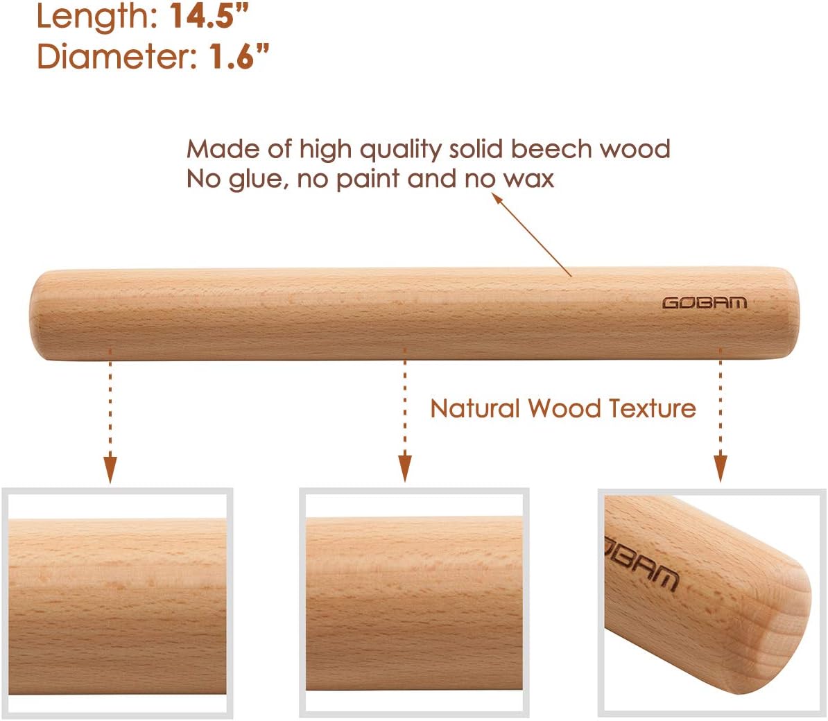 GOBAM Wood Rolling Pin, Small - Dough Roller for Pasta, Cookies, Pie, Pizza, Chapati, Fondant, Rolling Pins for Baking, Bread Making Tools and Supplies - 11 x 1.38 Inches