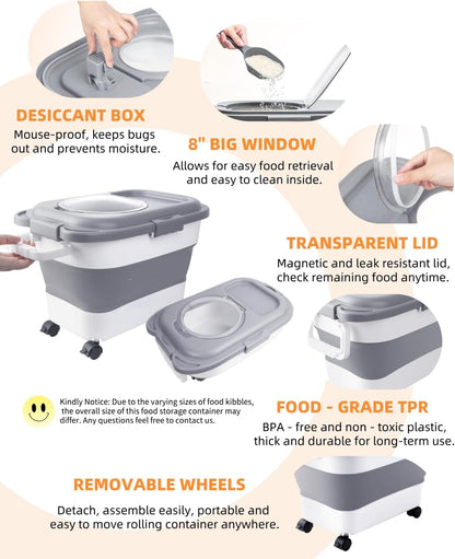 20-23 Lbs Dog Food Storage Container - Collapsible Dog Food Container with Attachable Casters and Scoop,Travel Silicone Bowl, Pet Food Storage Containers to Keep Dry Food Fresh,Easy to Move