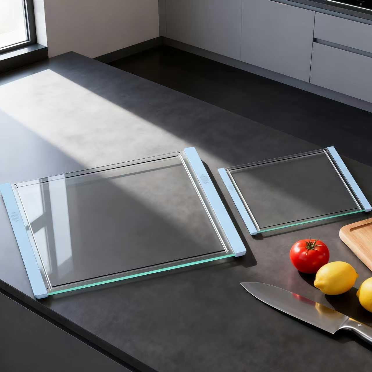 Tempered Glass Cutting Board Set for Kitchen Counter - Dishwasher Safe with Juice Grooves, Non-Slip Silicone Edges & Beveled Grip - 16"x12" & 12"x8" Serving Tray (Blue)