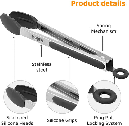 Popco 3 Piece Kitchen Tongs Set 7, 9, 12 Inch - Stainless Steel Nonstick Tongs with Silicone Tips - Heat Resistant and Dishwasher Safe for Cooking, Grilling, Salad, and Everyday Serving