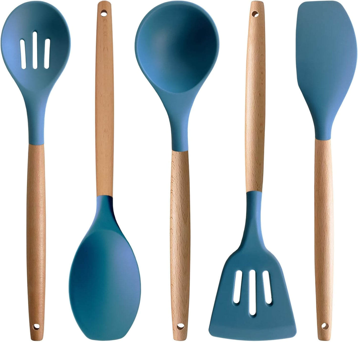 Kitchen Cooking Utensils Set, 6Pcs Silicone Kitchen Utensils Set Spatula Spoon Soup Ladle Turner, Heat Resistant Wooden Handle Silicone Cooking Gadgets for Nonstick Cookware & Baking BPA FREE
