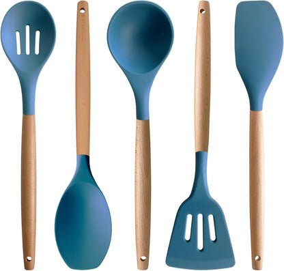 Kitchen Cooking Utensils Set, 6Pcs Silicone Kitchen Utensils Set Spatula Spoon Soup Ladle Turner, Heat Resistant Wooden Handle Silicone Cooking Gadgets for Nonstick Cookware & Baking BPA FREE