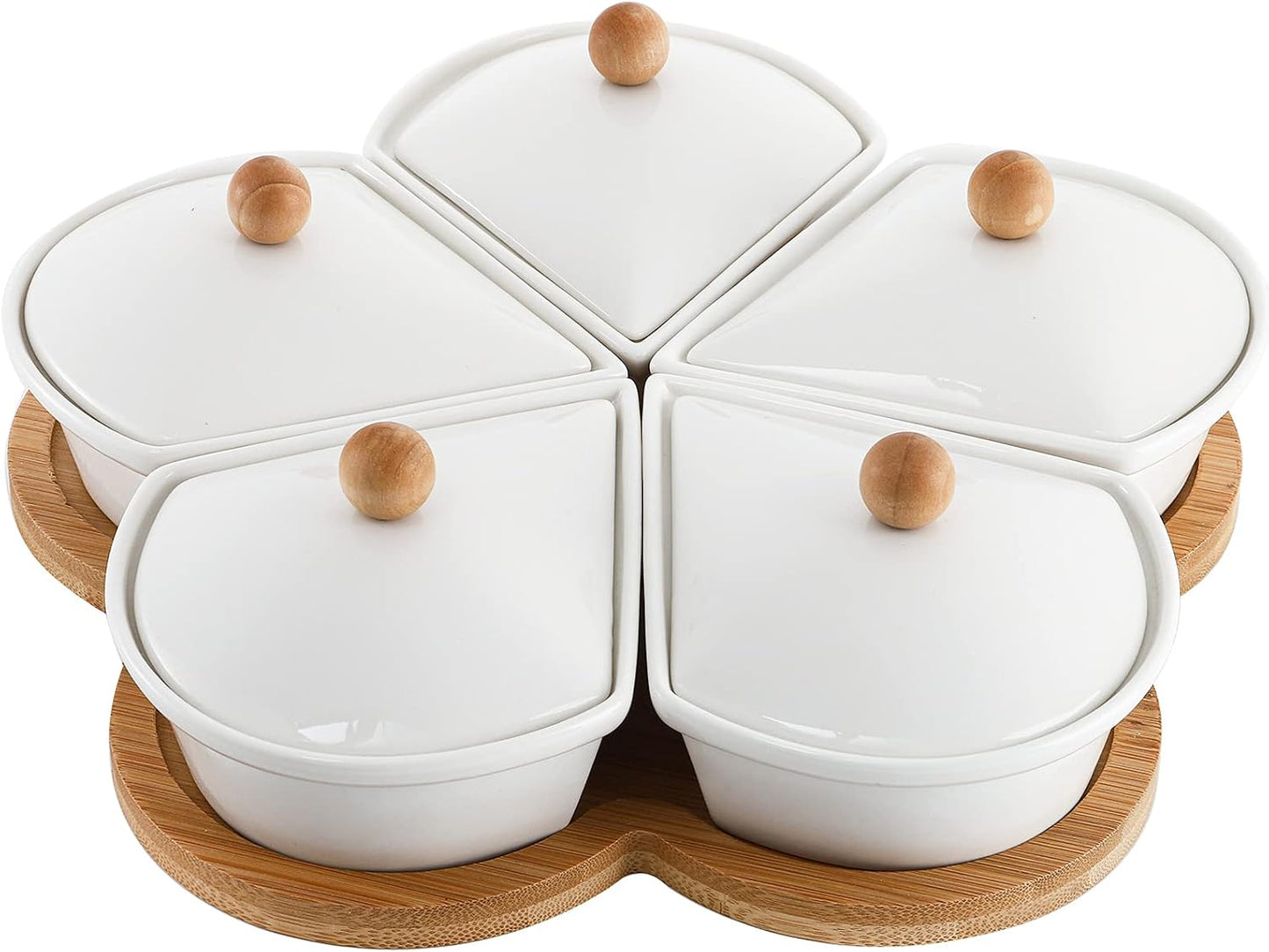 yarlung Ceramic Divided Serving Dishes with Lids and Bamboo Platter, 5 Removable Dipping Bowls Relish Tray Nuts Dishes for Appetizer, Chips, Fruits, Candy, Condiment
