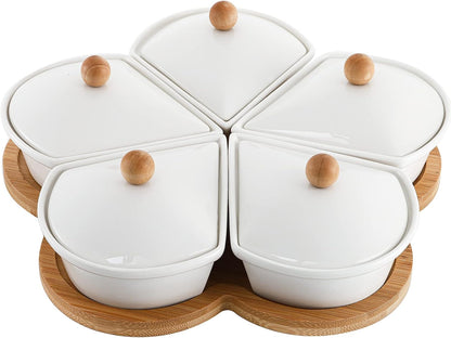 yarlung Ceramic Divided Serving Dishes with Lids and Bamboo Platter, 5 Removable Dipping Bowls Relish Tray Nuts Dishes for Appetizer, Chips, Fruits, Candy, Condiment