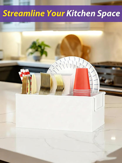NelyBet Paper Plate Dispenser Holders Utensil Caddy for Countertop,Outdoor Silverware Caddy, Picnic and Camping Utensil Holder, Flatware Organize with Handle for Party Gatherings, Metal (Black)