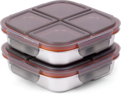 3 Pack Stainless Steel Snack Containers with Airtight Lids, 4 Compartment Food Storage Containers, Reusable Metal Meal Prep Lunch Boxes, Dishwasher Safe, Divided Plates for Adults (Black)