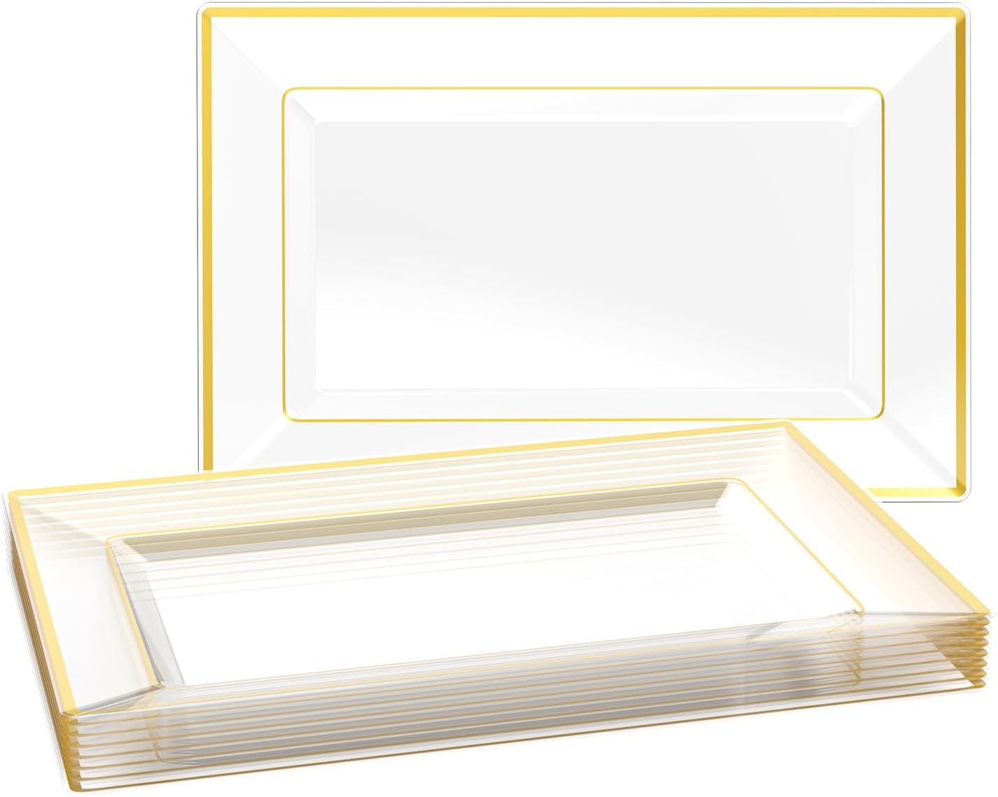 FOCUSLINE 8 PCS Plastic Serving Trays, White and Gold Rim Plastic Serving Platters, Disposable Tray for Food, Perfect for Wedding Parties