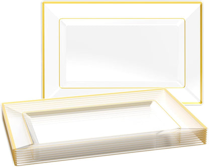 FOCUSLINE 8 PCS Plastic Serving Trays, White and Gold Rim Plastic Serving Platters, Disposable Tray for Food, Perfect for Wedding Parties