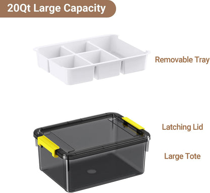 40Qt Stackable Storage Bins with Lids & Trays, Clear Plastic Latching Boxes Organizers with Dividers Portable 10Gal Containers for Arts & Crafts, Home and Car Trunk Organization, 2Pack
