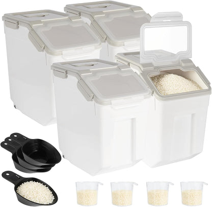4 Pack Rice Container 25 lbs Large Bulk Flour Sugar Storage Holdhouse Plastic Grain Cereal Dry Goods Bin with Spoon and Measuring Cup for Kitchen Pantry Organization - Green