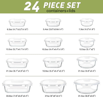BAYZZ 24 Piece Glass Food Storage Containers with Lids, Airtight Glass Meal Prep Containers for Kitchen, BPA-Free Lunch Box, Microwave and Freezer Safe