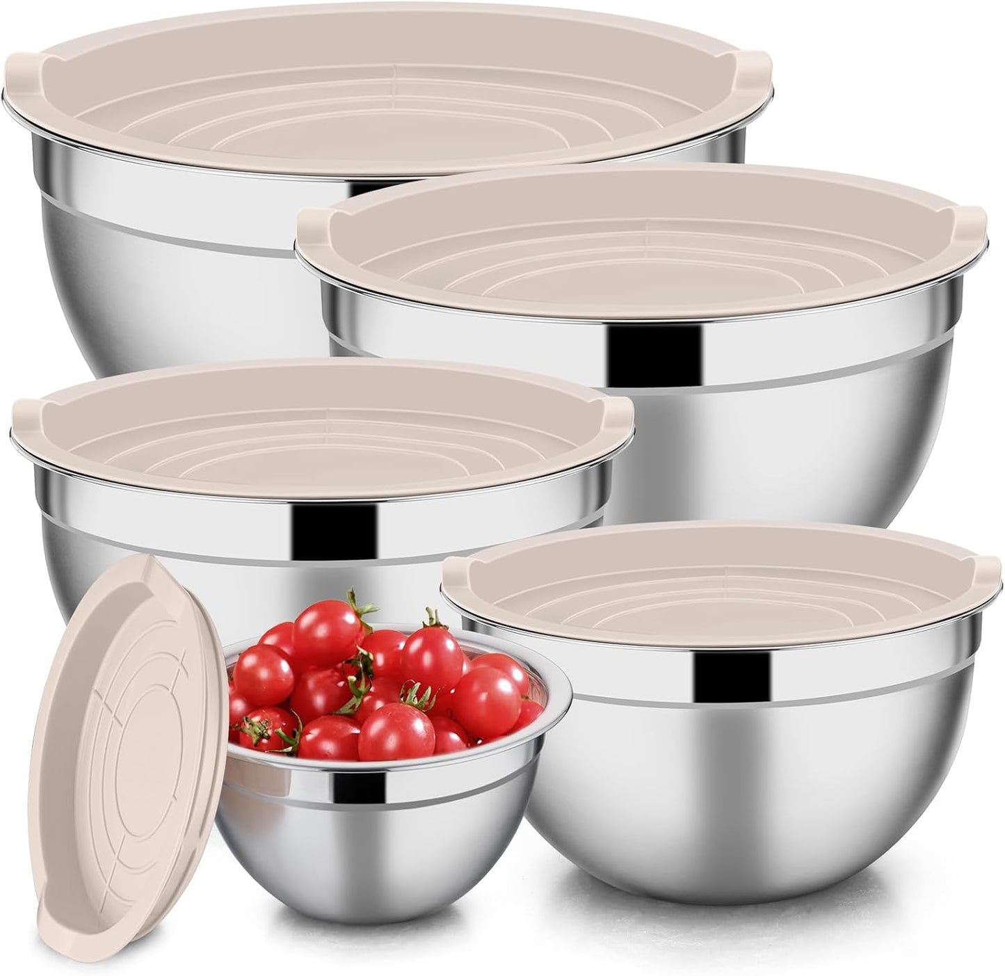 E-far Mixing Bowls with Lids Set of 5, Stainless Steel Mixing Bowls Metal Nesting Bowls with Airtight Lids, Non-toxic & Dishwasher Safe, Great for Cooking, Baking, Serving - Size 0.7/1/1.5/3/4.6QT