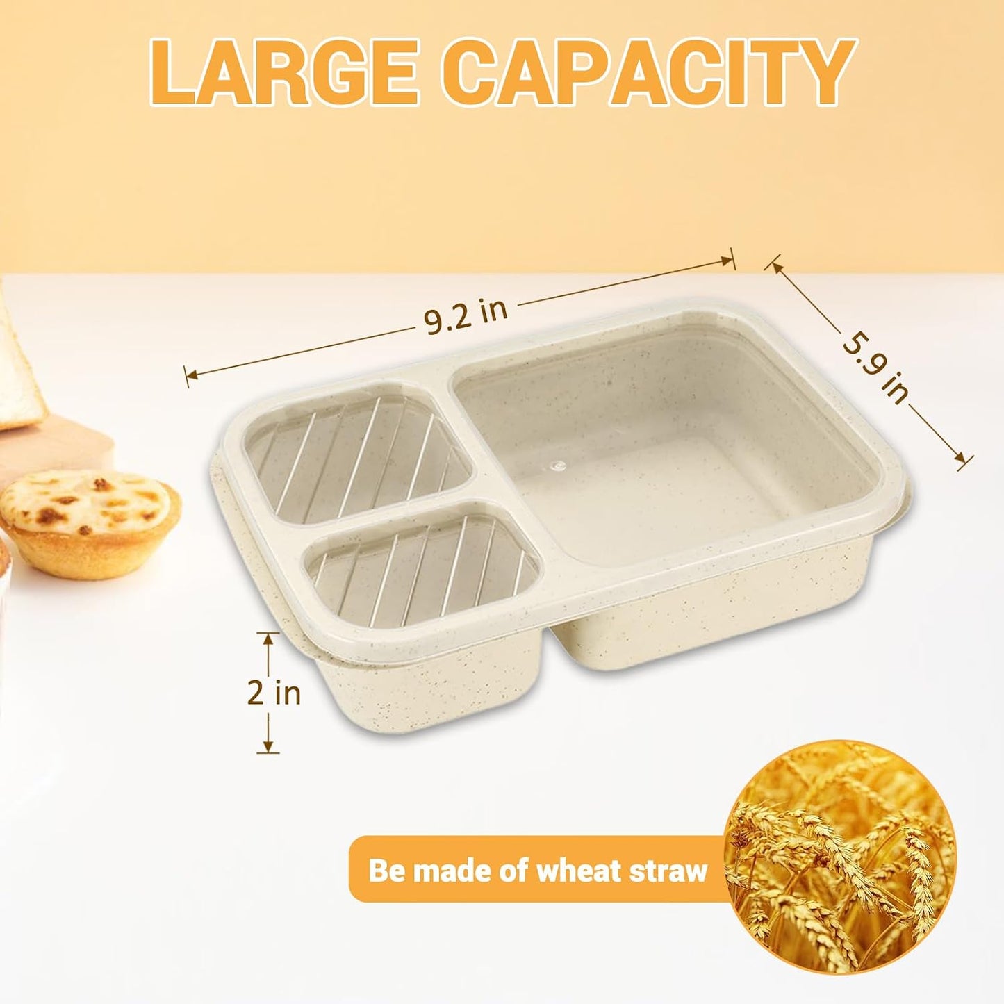 4 Pack Bento Box for Adults, 3-Compartment Wheat Straw Food Storage Containers, Meal Prep Lunch Box Microwave and Dishwasher Safe, Suitable for Office and Outdoor