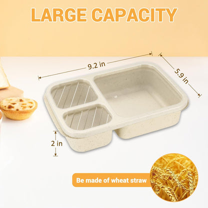 4 Pack Bento Box for Adults, 3-Compartment Wheat Straw Food Storage Containers, Meal Prep Lunch Box Microwave and Dishwasher Safe, Suitable for Office and Outdoor