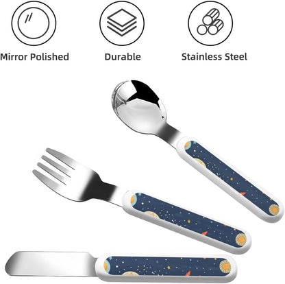 3-Piece Children Utensils Set Rocket in Space Knife Spoon Fork Set Stainless Steel Silverware Set Easy-Grip Reusable Utensils Set Child Flatware Set with Case for Lunch Travel