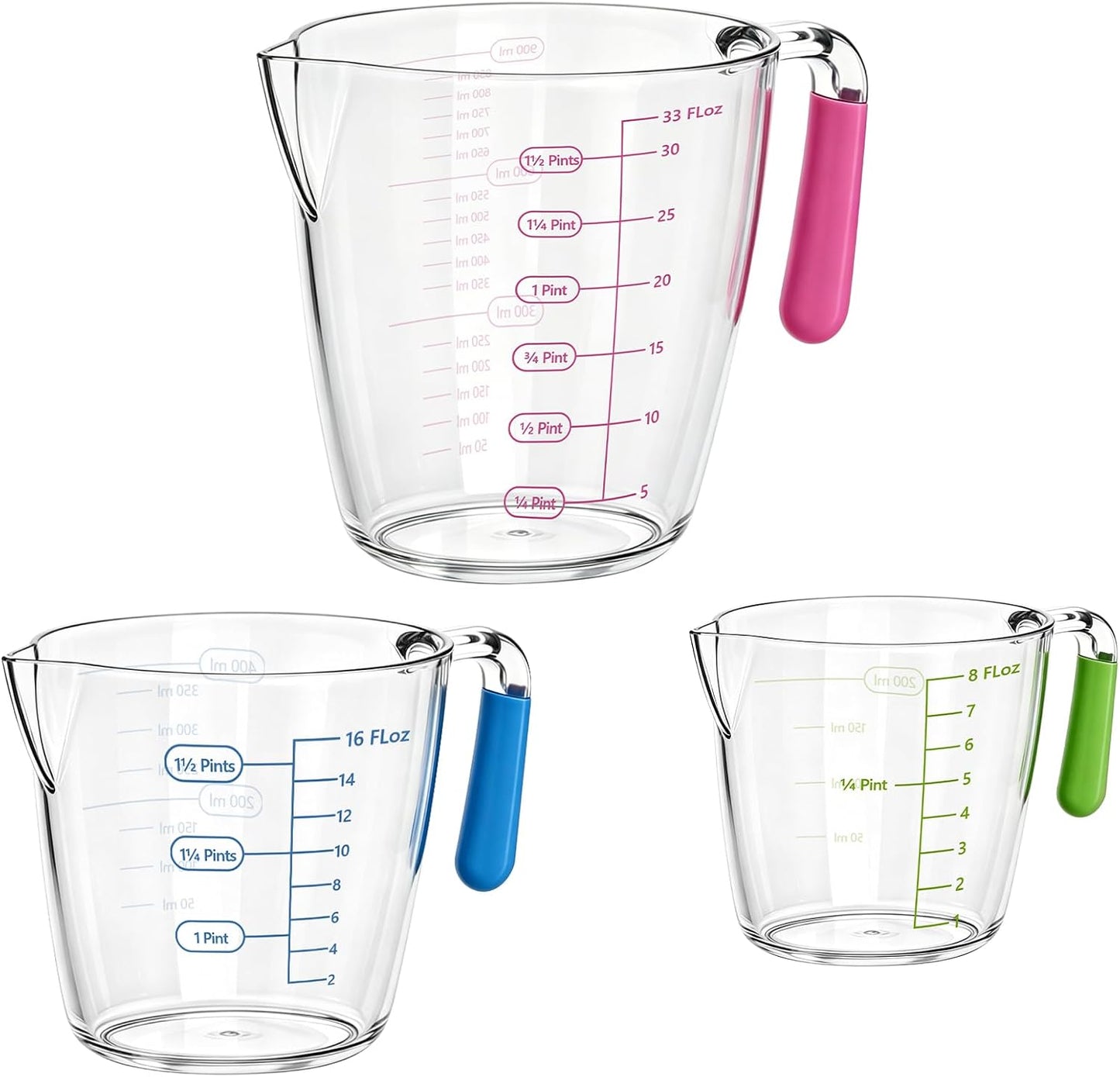 Liquid Measuring Cups with Spout 3 Pcs Stackable Plastic Liquid Measuring Cups with ML OZ Scale, BPA Free Clear Measuring Cup with Non-Drip Spout & Silicone Handle for Kitchen Cooking Baking
