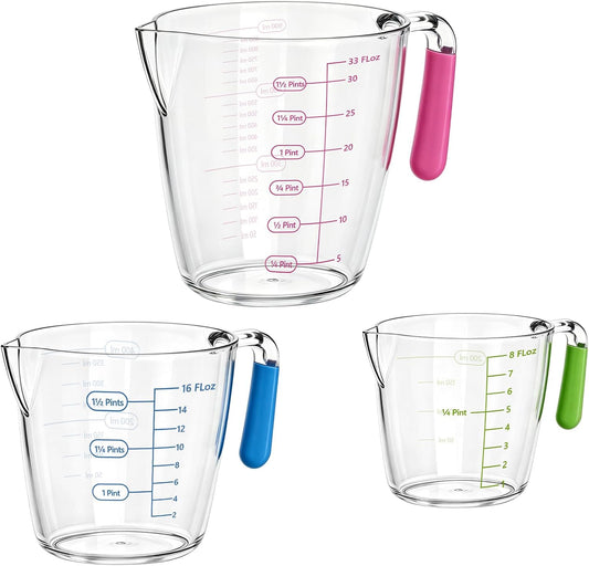 Liquid Measuring Cups with Spout 3 Pcs Stackable Plastic Liquid Measuring Cups with ML OZ Scale, BPA Free Clear Measuring Cup with Non-Drip Spout & Silicone Handle for Kitchen Cooking Baking
