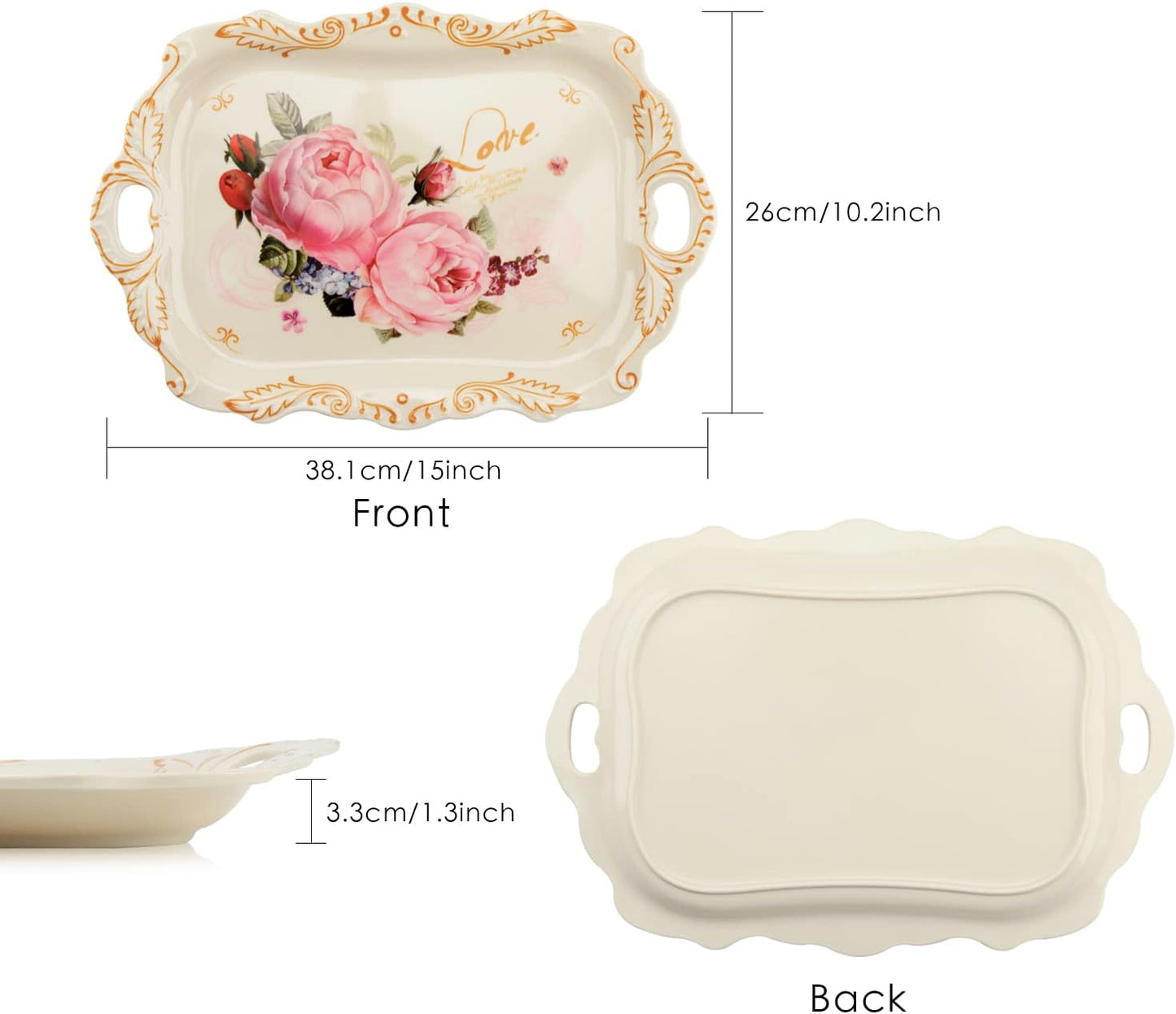 Melamine Serving Tray Art Trays,3 Pack Stackable Food Tray, Large Serving Platter with Handle for Eating, Unbreakable Large Serving Platter with Floral Print (16.5 x 11.3 x 1.4 Inches)