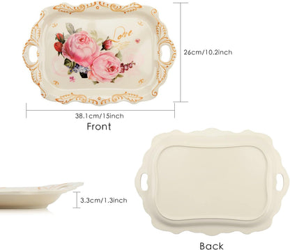 Melamine Serving Tray Art Trays,3 Pack Stackable Food Tray, Large Serving Platter with Handle for Eating, Unbreakable Large Serving Platter with Floral Print (16.5 x 11.3 x 1.4 Inches)
